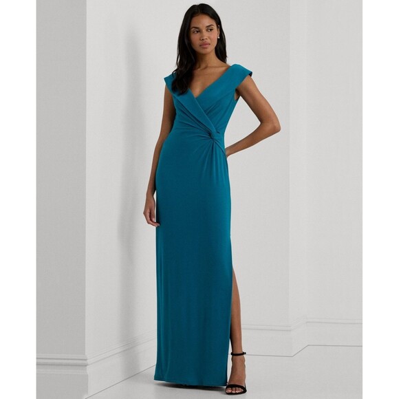 Lauren Ralph Lauren Women's Twisted Off-The-Shoulder Gown, Blue, 4 - Picture 1 of 4
